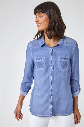 Denim Washed Button Through Sequin Shirt, Image 5 of 5