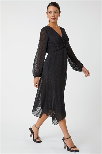 Black Polka Dot Twist Detail Chiffon Dress