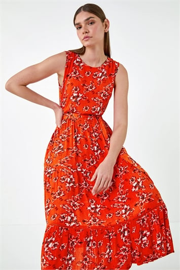 Orange Sleeveless Floral Print Midi Dress
