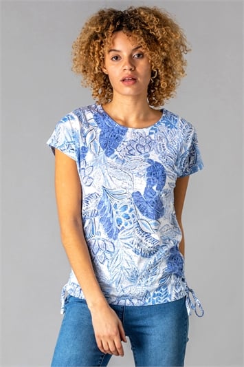 Blue Burnout Tropical Print Ruched T-Shirt