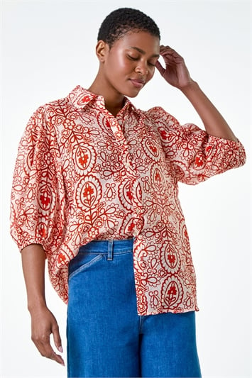 Red Floral Paisley Balloon Sleeve Shirt