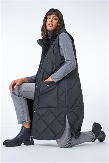 Black Quilted Longline Hooded Gilet