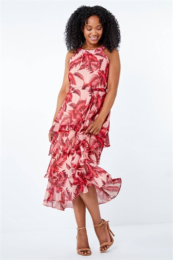 Pink Petite Tiered Tropical Print Midi Dress, Image 2 of 5