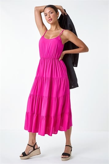 Pink Plain Tiered Midi Dress