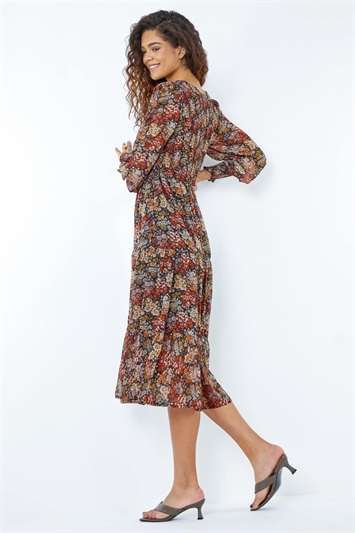 Rust Floral Print Tiered Shirred Midi Dress, Image 3 of 5