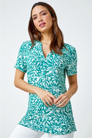 Green Abstract Floral Print V-Neck Top