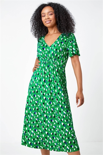 Green Petite Spot Shirred Stretch Midi Dress