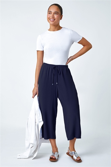 Multi Petite Linen Mix Wide Cropped Trousers