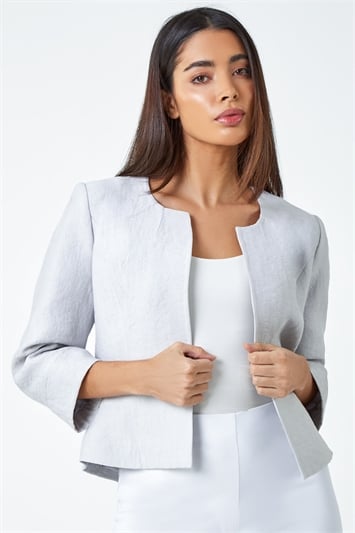 Grey 3/4 Sleeve Pleated Textured Cropped Jacket