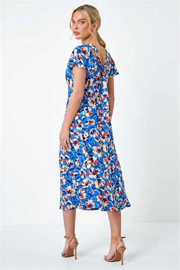 Blue Petite Floral Print Midi Stretch Dress