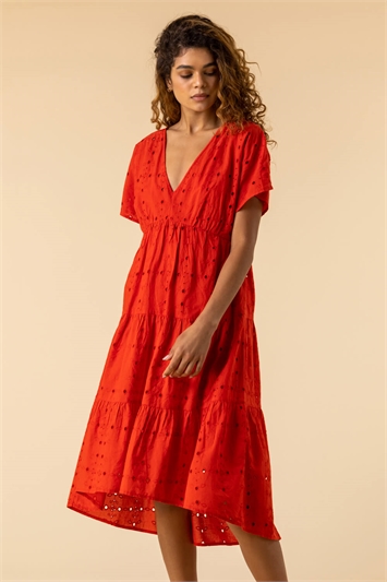 Red Broderie Tiered Smock Dress, Image 4 of 5