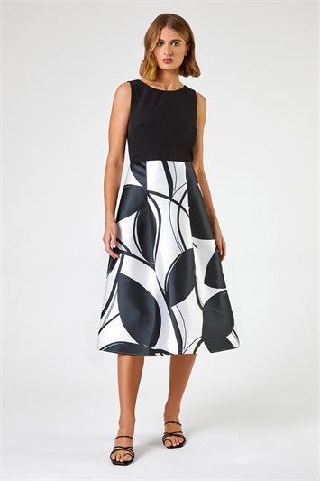 Black Contrast Leaf Print Fit & Flare Dress, Image 4 of 4