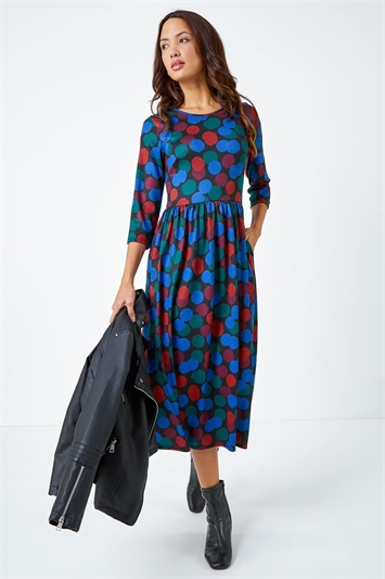 Blue Spot Print Jersey Midi Dress
