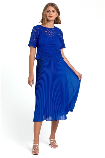Royal Blue Lace Top Overlay Pleated Midi Dress, Image 3 of 4