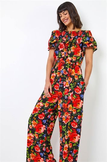 Red Floral Print Frill Neck Jumpsuit, Image 1 of 6