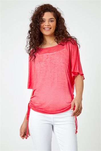 Multi Ruched Batwing Mesh Top
