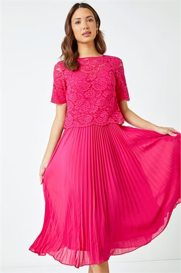 Pink Lace Top Overlay Pleated Midi Dress