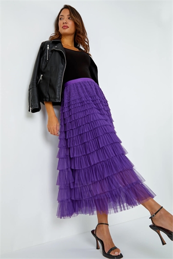 Purple Elasticated Mesh Tiered Ruffle Skirt