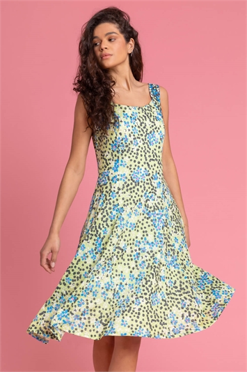 Lime Floral Spot Print Fit And Flare Dress, Image 1 of 4