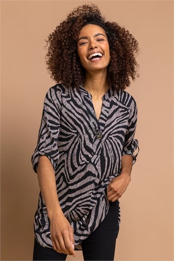 Taupe Zebra Print Button Tunic Top, Image 1 of 4
