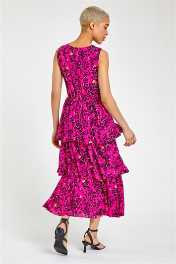 Pink Abstract Animal Print Tiered Midi Dress, Image 2 of 4