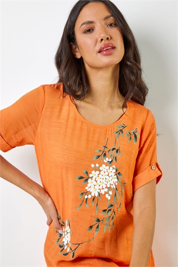 Orange Floral Print Asymmetric Tunic Top, Image 4 of 5