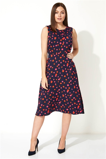 Blue Polka Dot Fit And Flare Dress