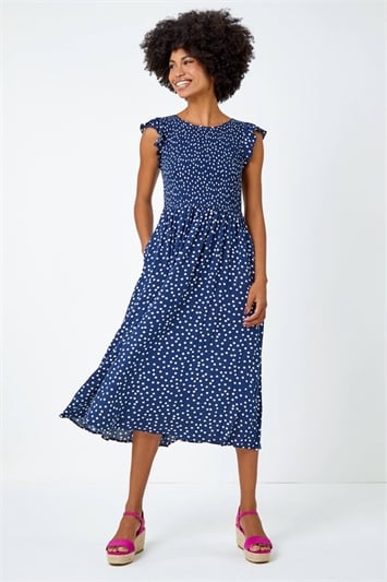 Blue Frill Sleeve Spot Shirred Midi Dress