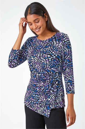 Blue Abstract Print Side Twist Stretch Top