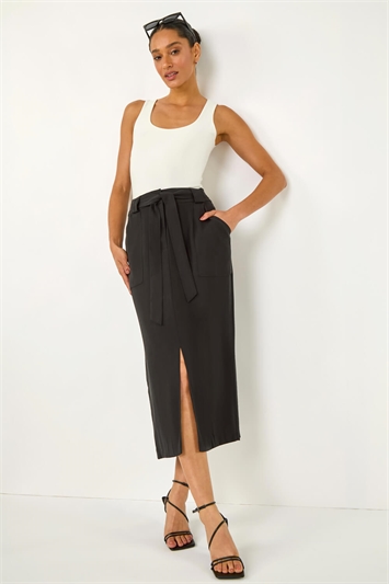 Black Belted A-Line Midi Skirt