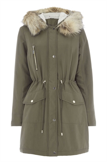 Faux Fur Parka Coat in Khaki - Roman Originals UK