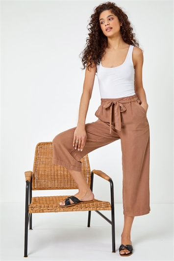 Brown Tie Detail Elastic Waist Cropped Culottes