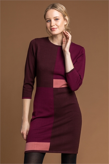 Purple Colour Block Knitted Dress