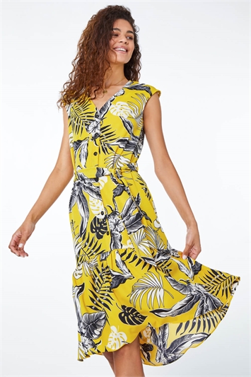 Yellow Tropical Print Dipped Hem Dress