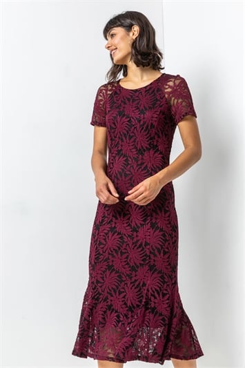 Wine Palm Print Lace Fitted Dress