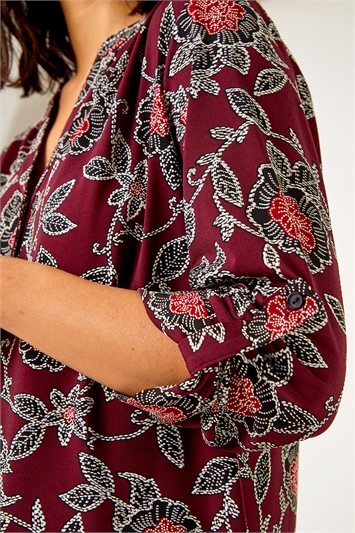 Red Textured Floral Print Stretch Shirt