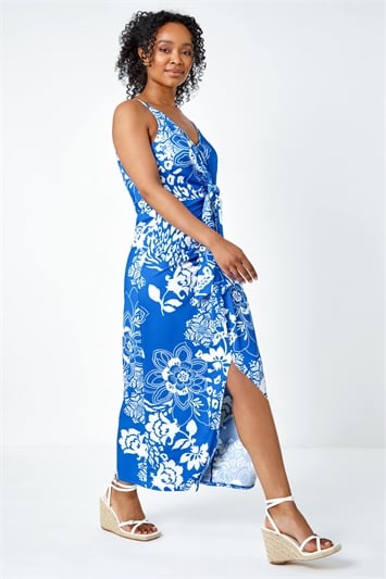 Blue Petite Floral Knot Stretch Maxi Dress