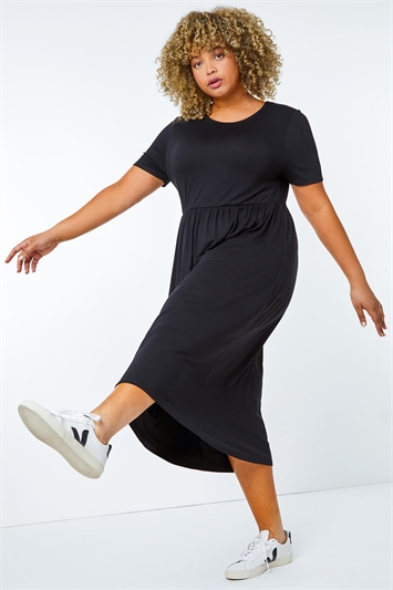 Black Curve Gathered Skirt Midi Stretch Dress, Image 2 of 5