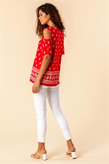 Red Paisley Print Cold Shoulder Top, Image 2 of 4