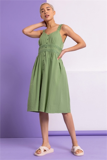Pea Green Shirred Lace Detail Sundress, Image 3 of 6