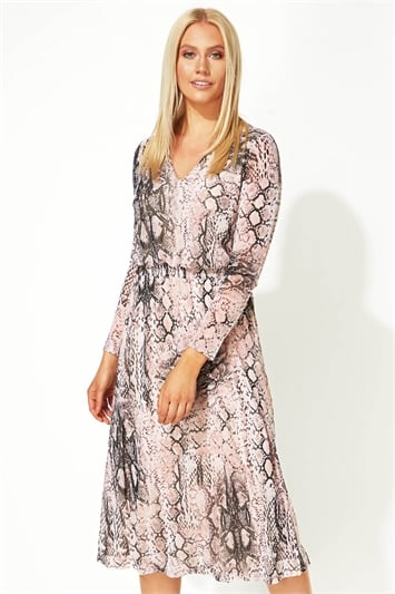 Pink Animal Print Mesh Fit And Flare Midi Dress