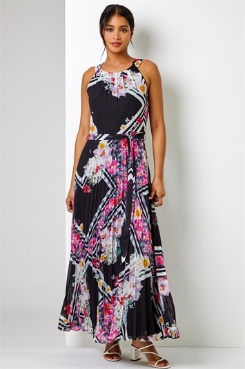 Black Floral Border Print Pleated Maxi Dress, Image 3 of 6