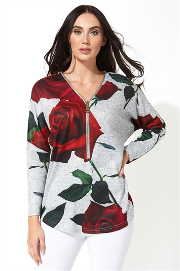 Rose Floral Print Zip Front Topand this?