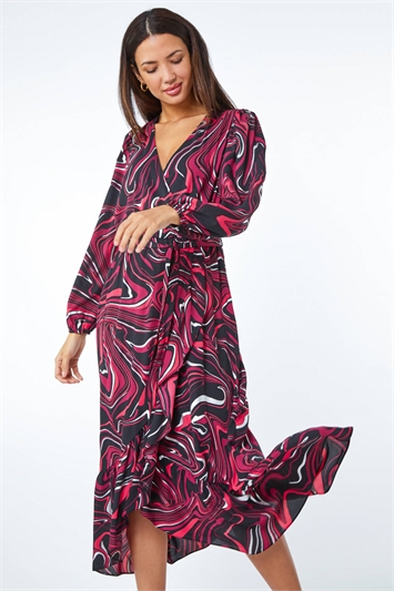 Red Marble Print Wrap Dress