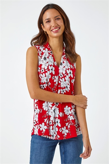 Red Textured Floral Print Sleeveless Top