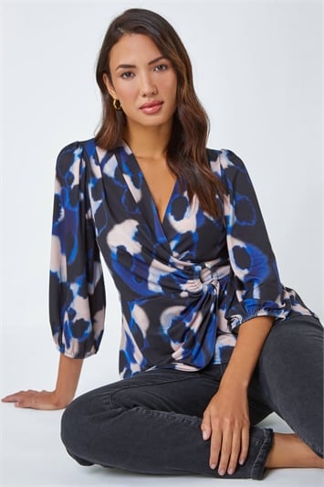 Blue Abstract Print Ring Detail Wrap Top