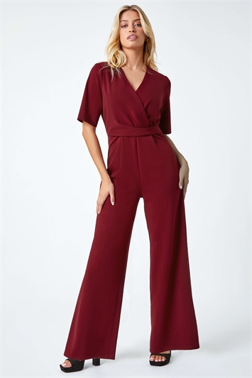 Red Gathered Wrap Stretch Jumpsuit
