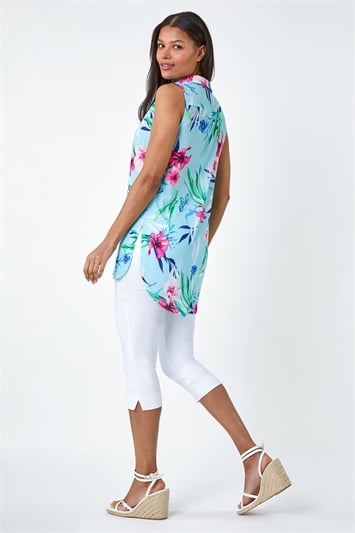 Blue Tropical Floral Sleeveless Button Blouse
