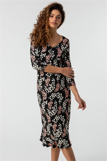 Pink Floral Sweet Heart Neck Midi Dress, Image 1 of 4