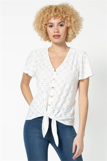 Ivory Broderie Stretch Jersey Tie Front Top, Image 1 of 5